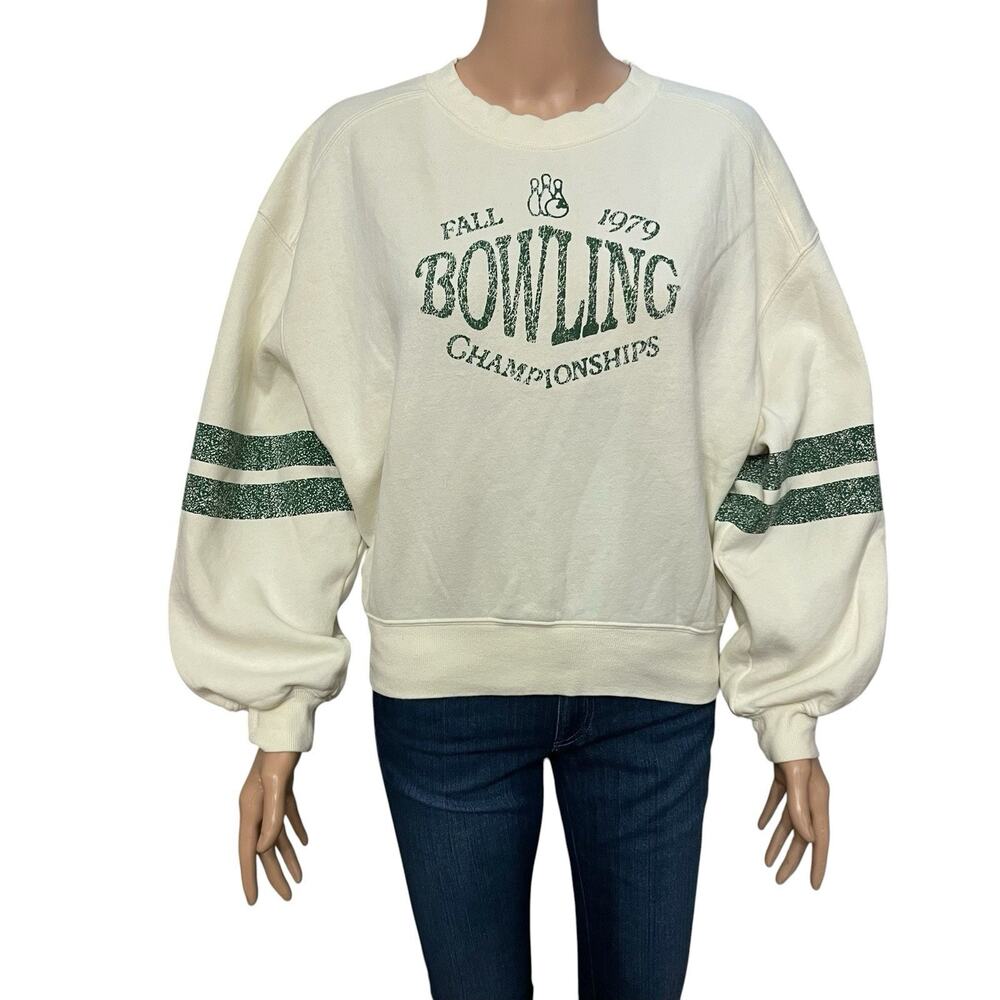 BDG Tasha Bowling Themed Sweatshirt XS Varsity Stripe Retro 70s Balloon Sleeve
